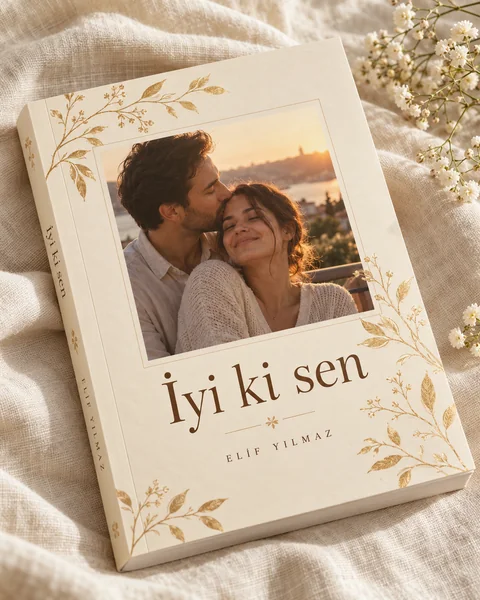 Krem renkli, ince bitki desenli İyi ki sen kitabı; kapakta çiftin fotoğrafı ve örnek yazar adı Elif Yılmaz